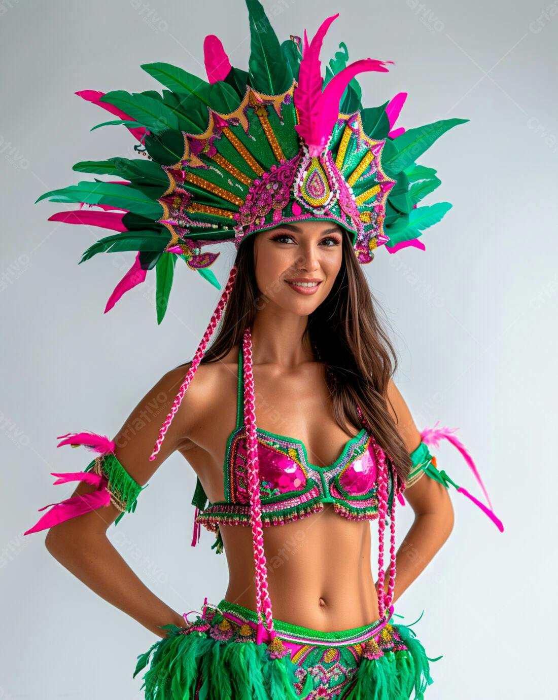 Modelo com fantasia verde e rosa para Carnaval