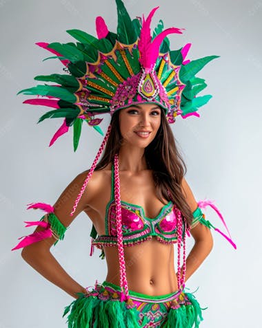 Mulher usando fantasia na cor verde e rosa de carnaval 4