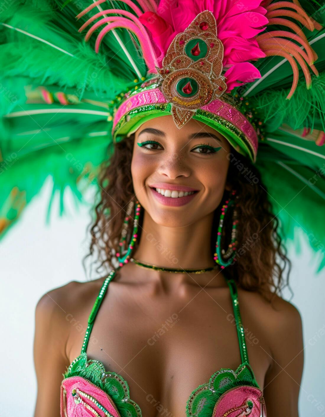 Bailarina sorridente com fantasia verde e rosa