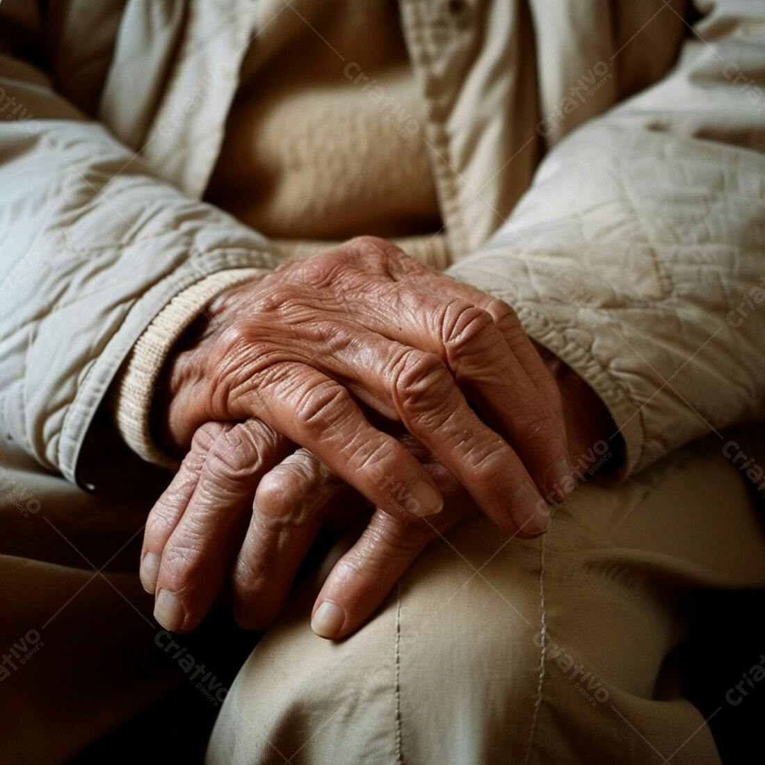 Mãos envelhecidas repousando no colo