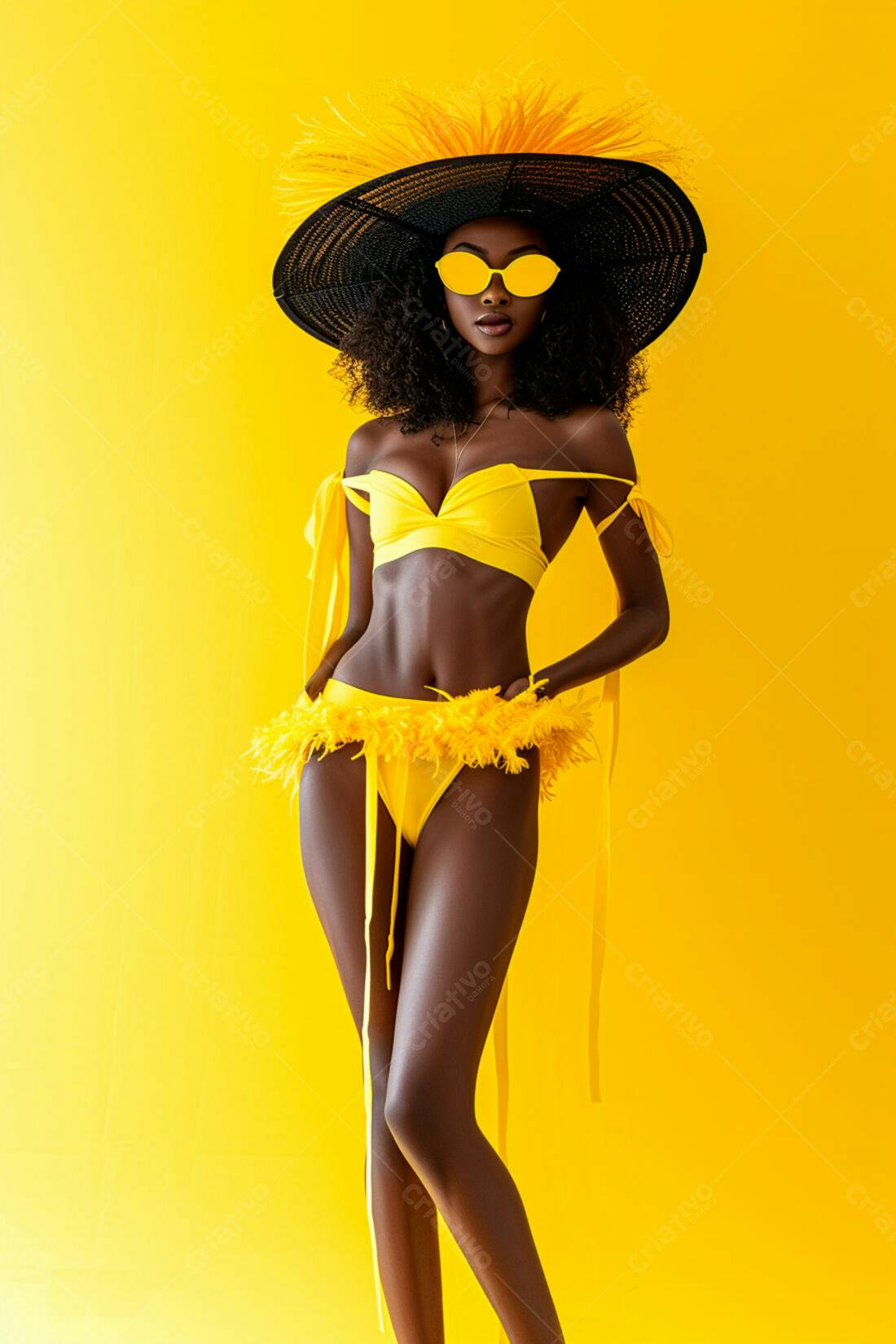 Modelo negra em biquini amarelo e chapéu
