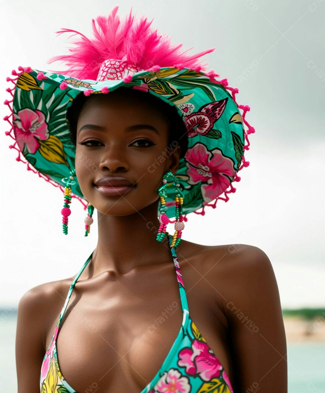 Modelo negra usando chapéu e biquini floral