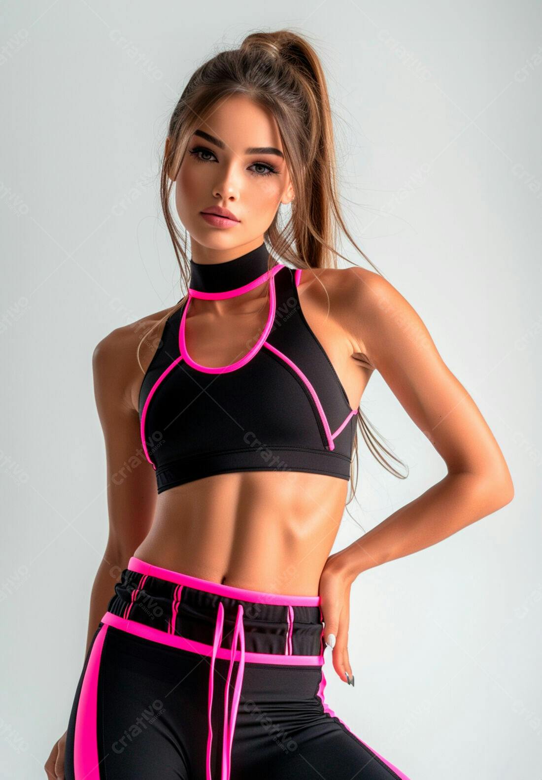 Modelo Fitness em look preto e pink