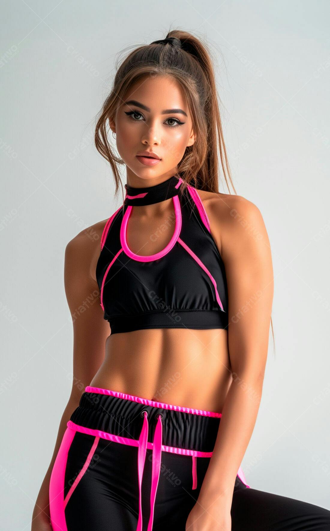 Modelo usando conjunto esportivo preto e rosa