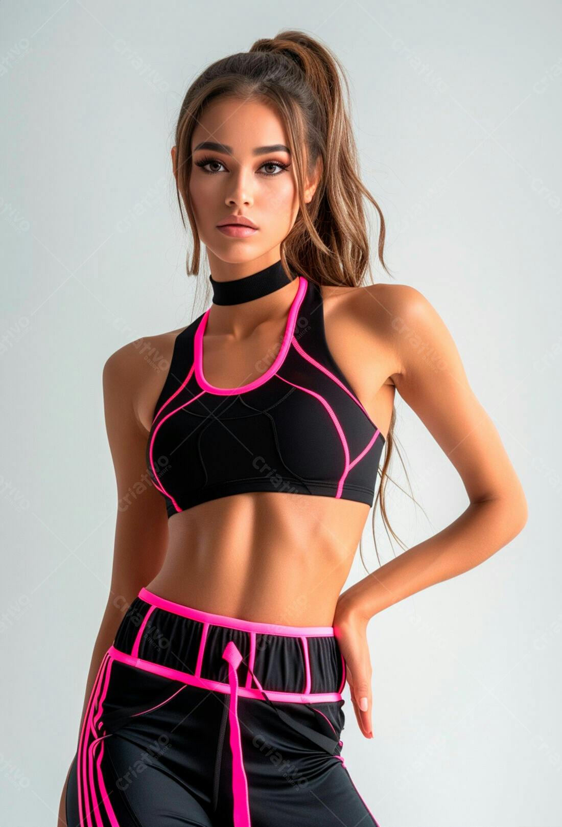 Modelo fitness em roupa esportiva preta e rosa