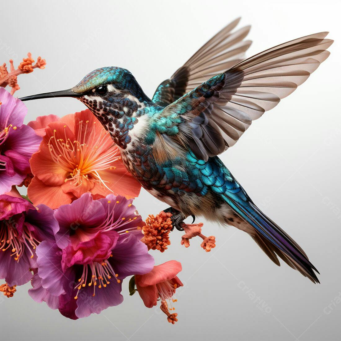 Beija-flor vibrante em flores rosa e laranja