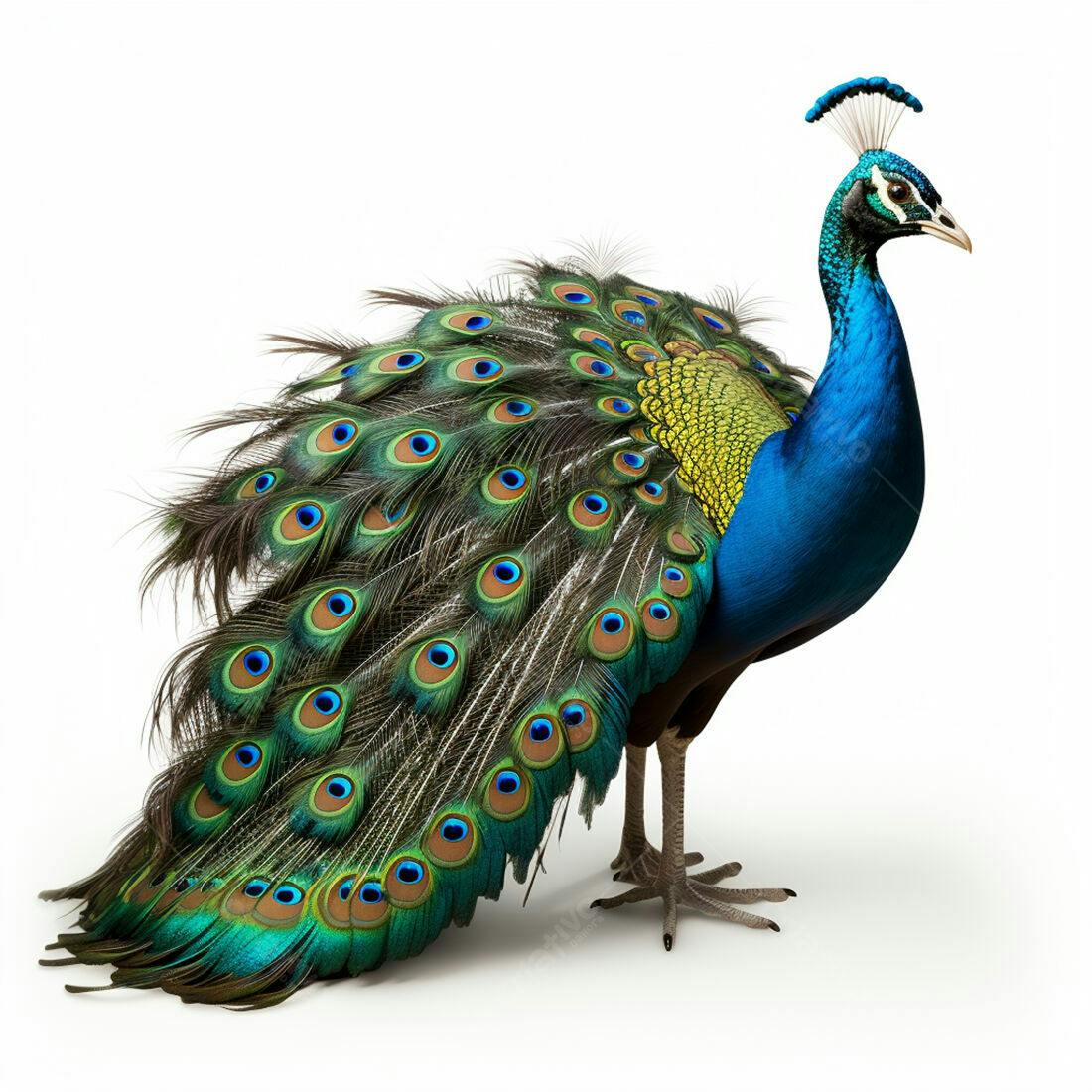 Pavão indiano com cauda aberta fundo branco