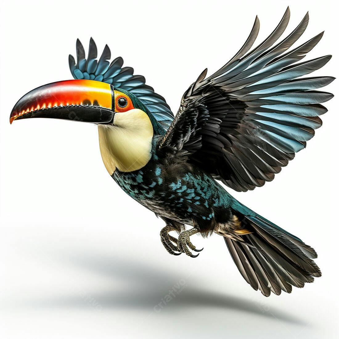 Tucano em voo fundo branco