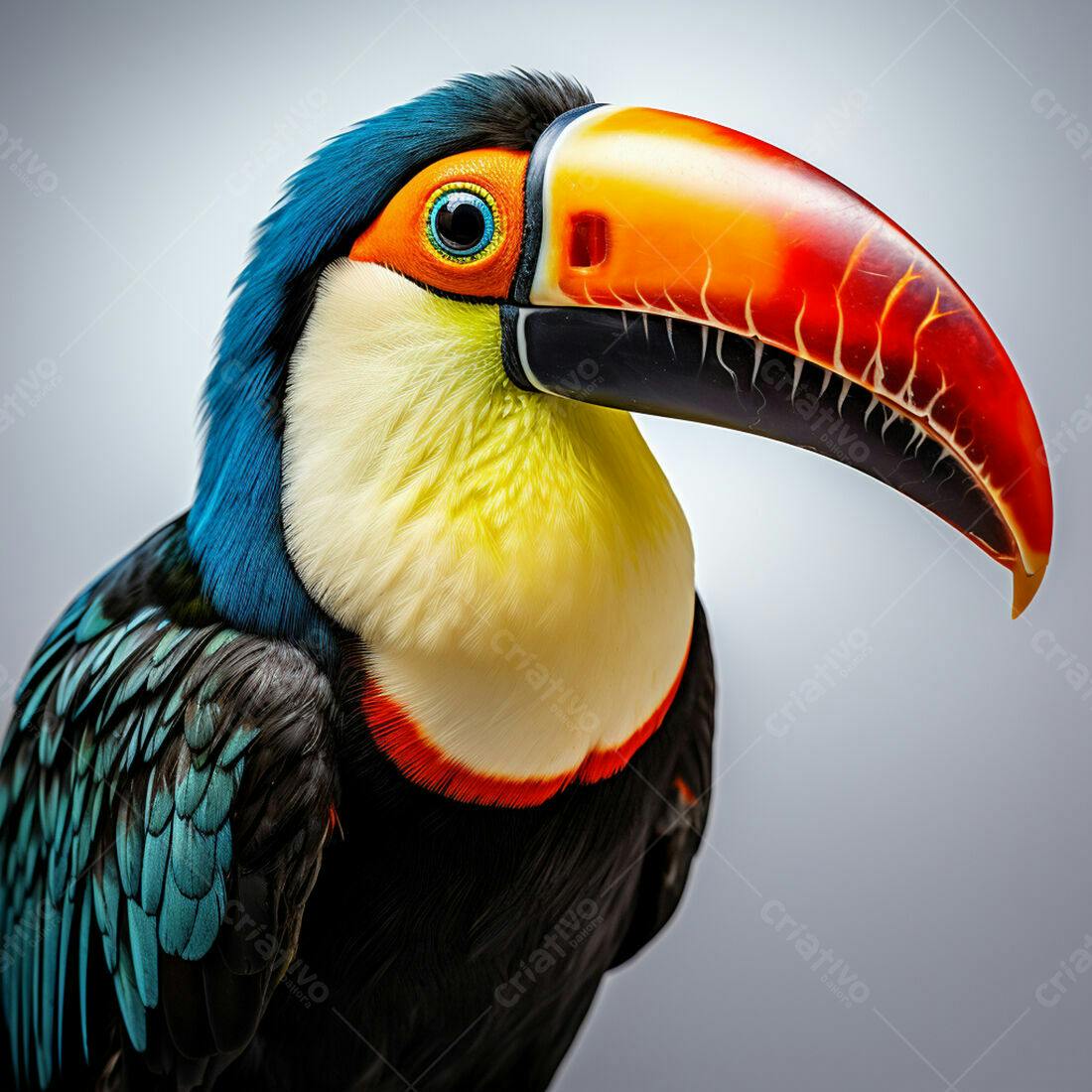 Tucano com bico vibrante cores azul amarelo e laranja