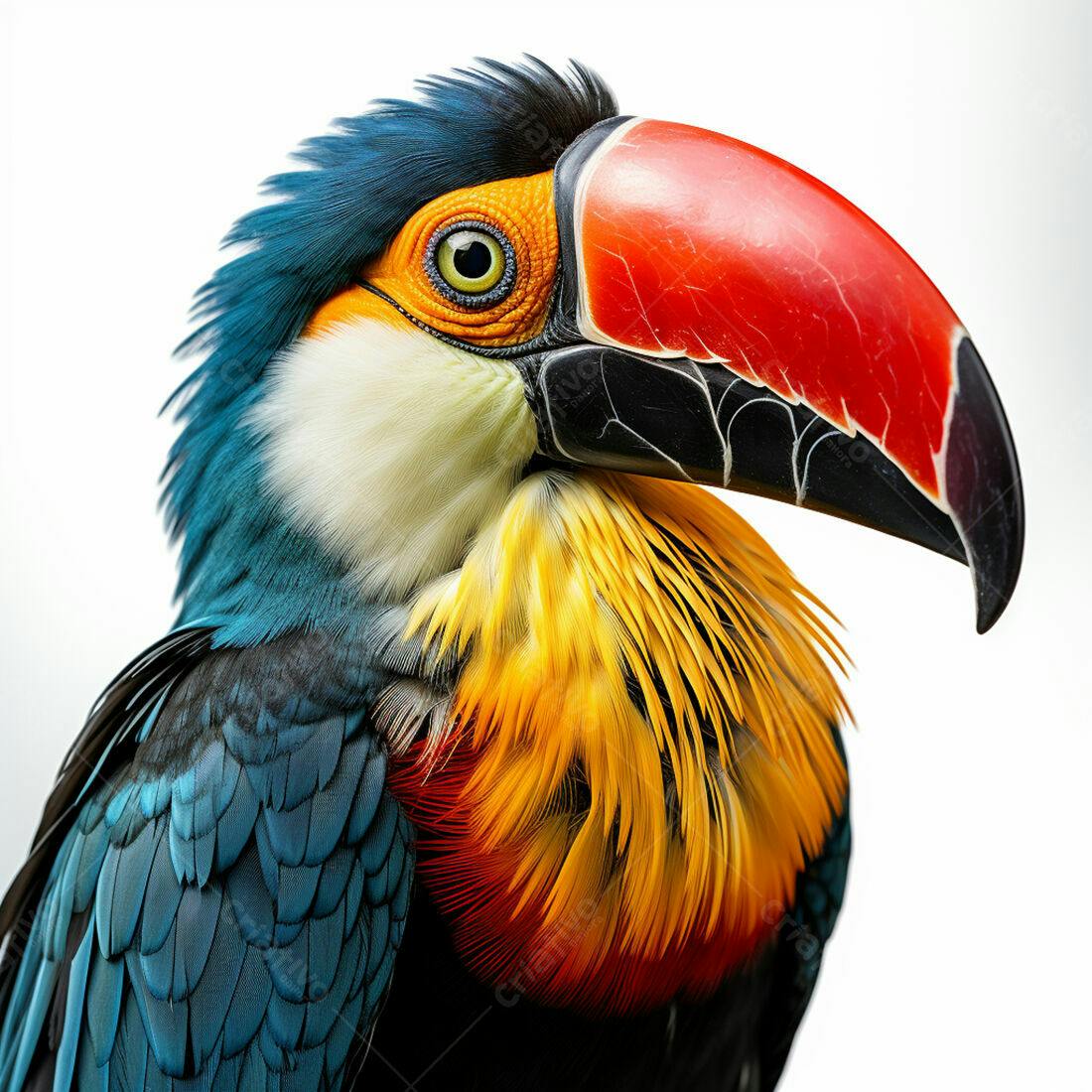 Tucano com penas azuis amarelas e vermelhas