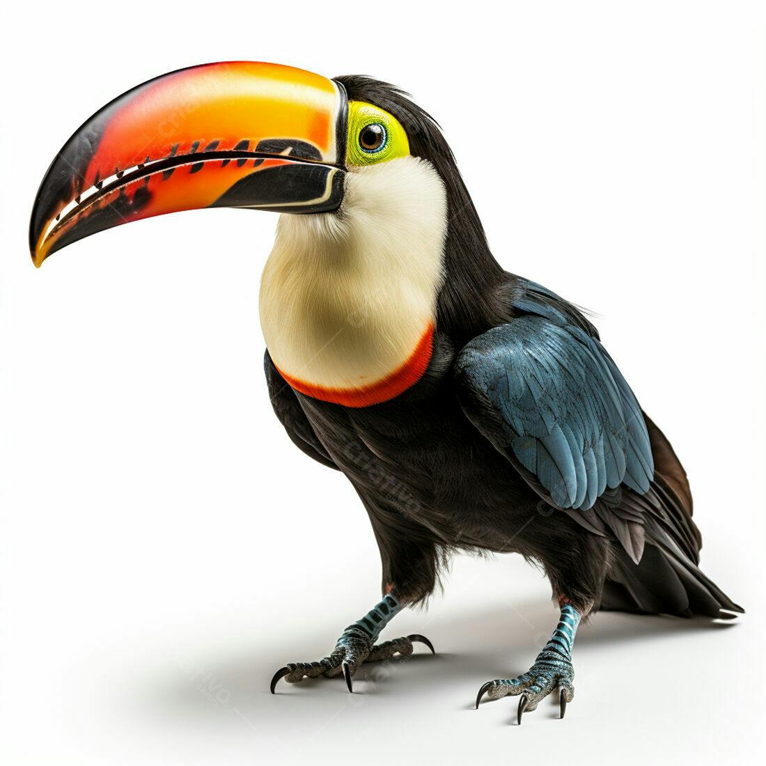 Tucano com bico laranja e amarelo sobre fundo branco