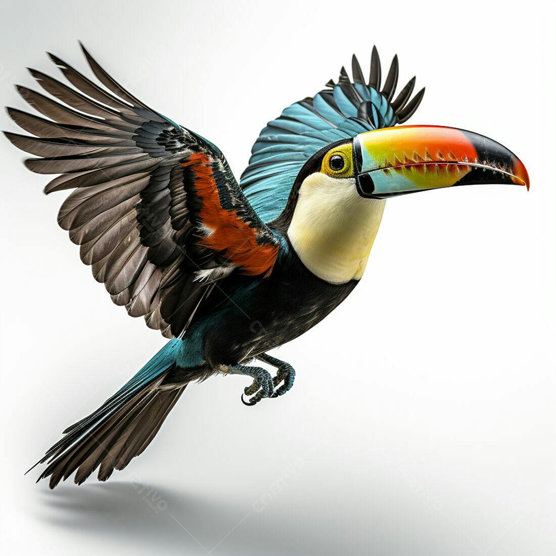 Tucano em voo fundo branco