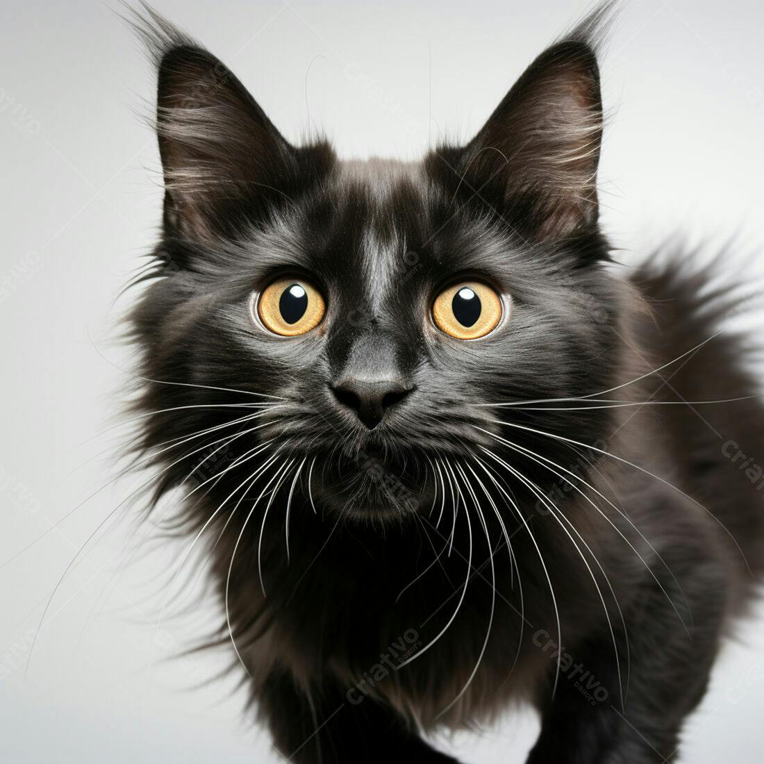 Gato preto com olhos amarelos fundo branco