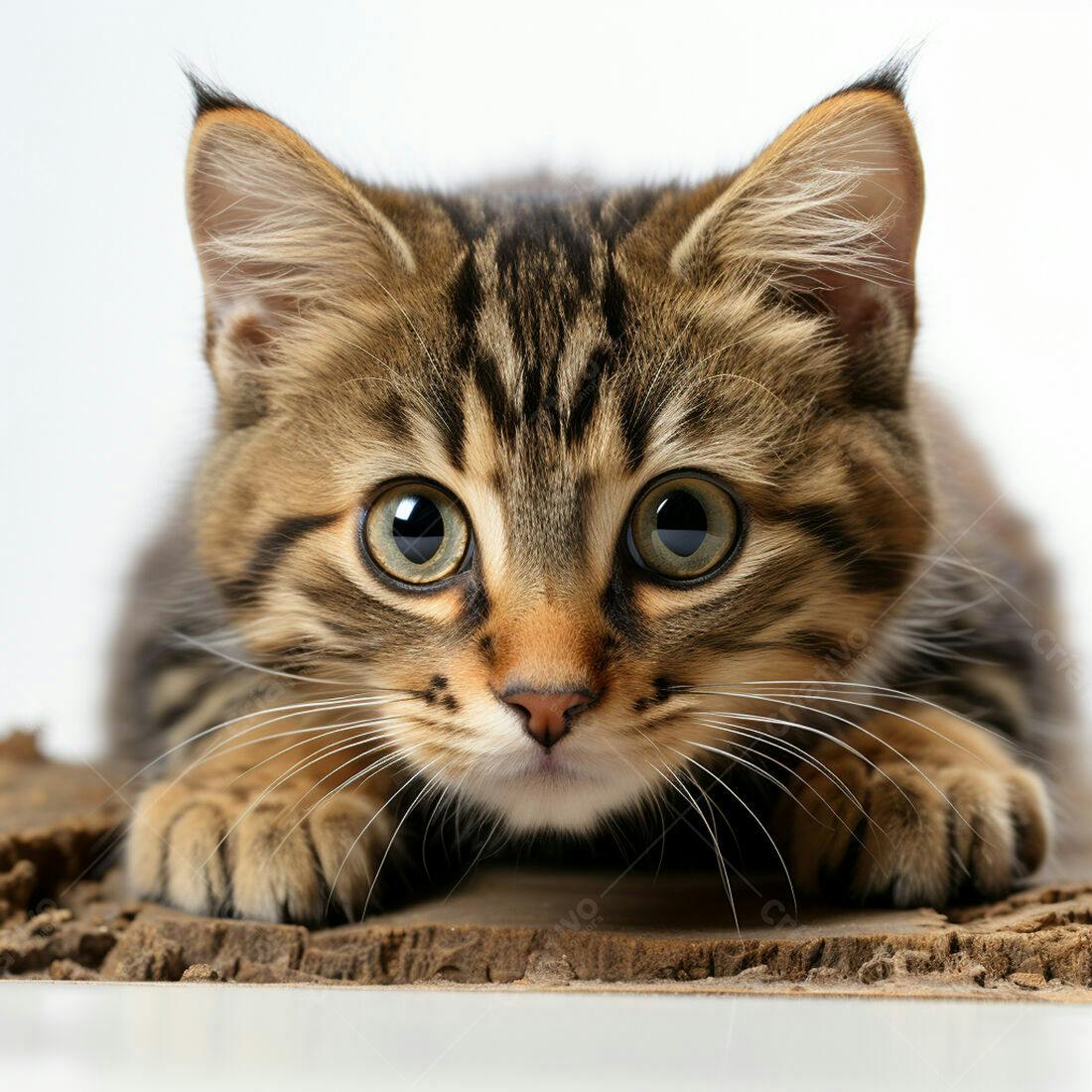Gatinho marrom e dourado em tronco de árvore