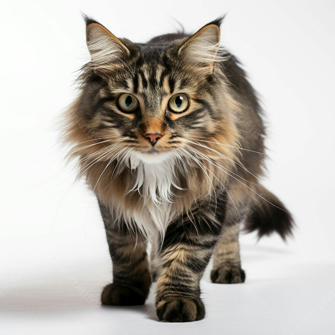 Gato Maine Coon caminhando fundo branco