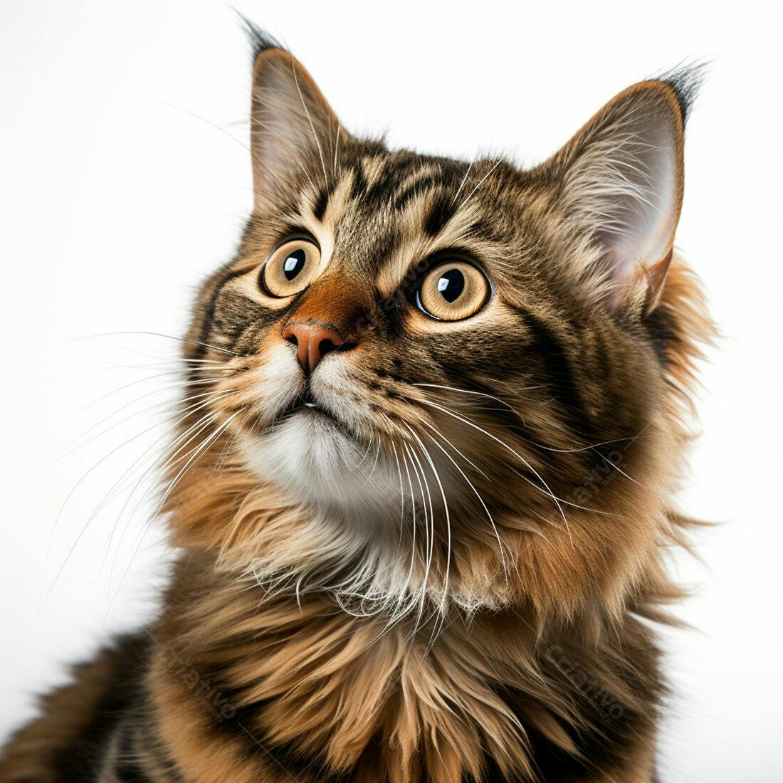 Gato Maine Coon olhando para cima fundo branco
