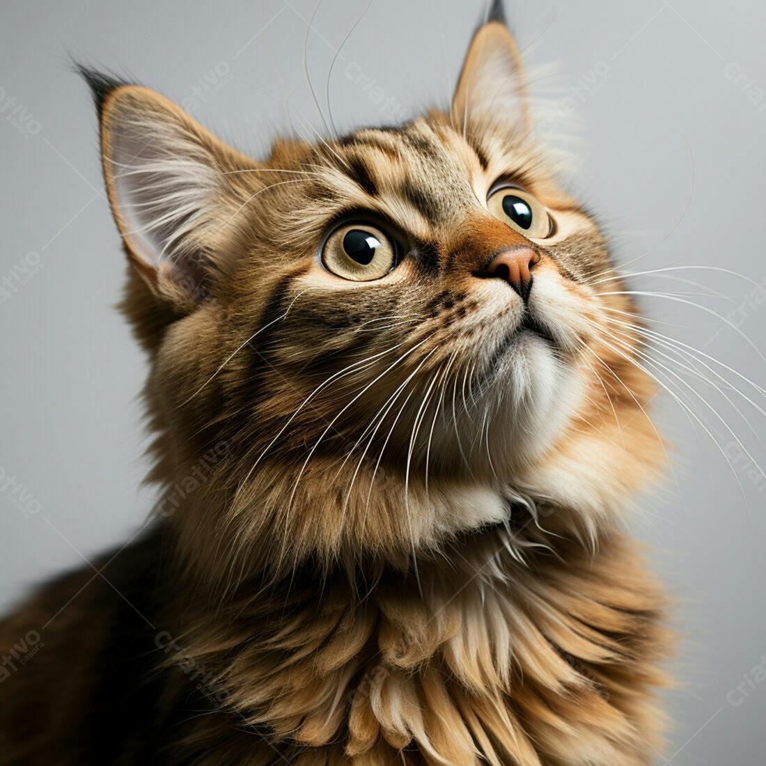 Gato marrom olhando para cima fundo cinza