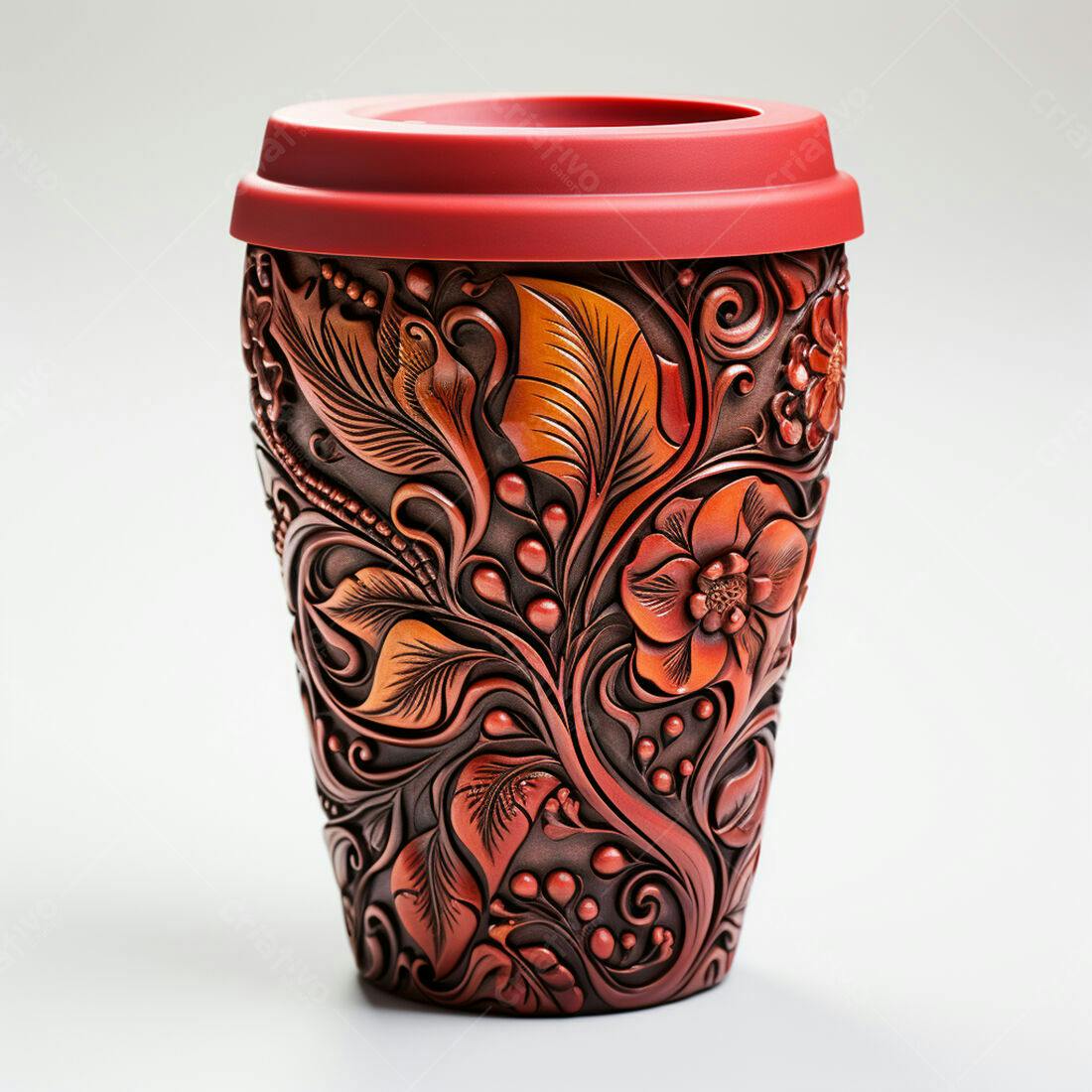 Caneca artesanal com detalhes florais em tons de marrom e vermelho