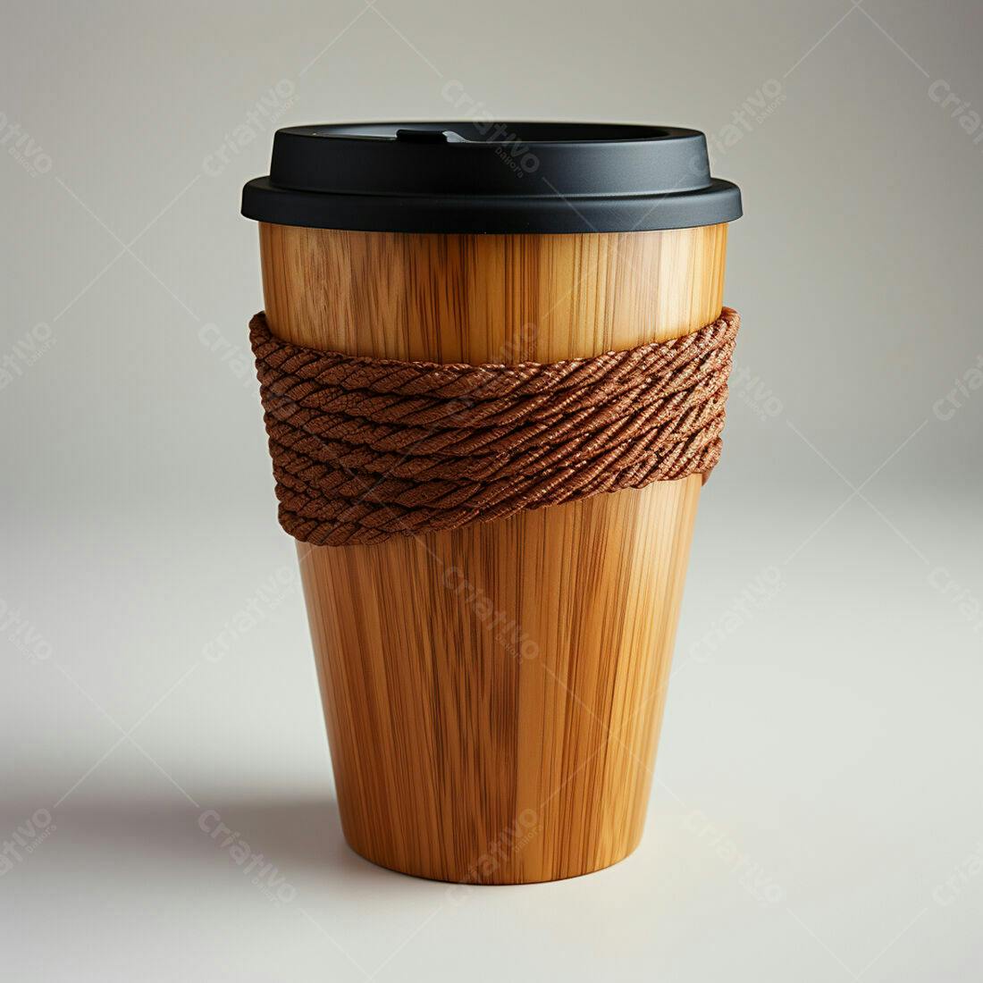 Copo de café em madeira com corda marrom