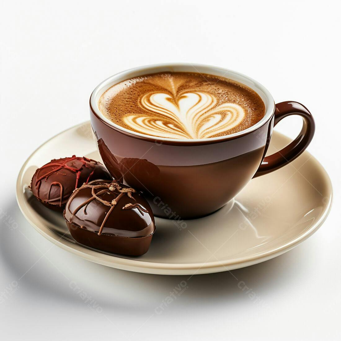Cappuccino com arte latte e bombons de chocolate
