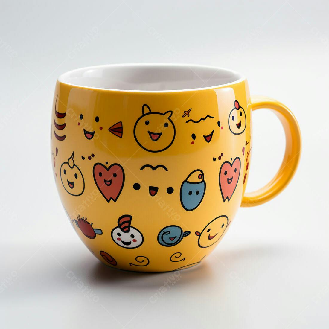 Caneca amarela com desenhos de emojis