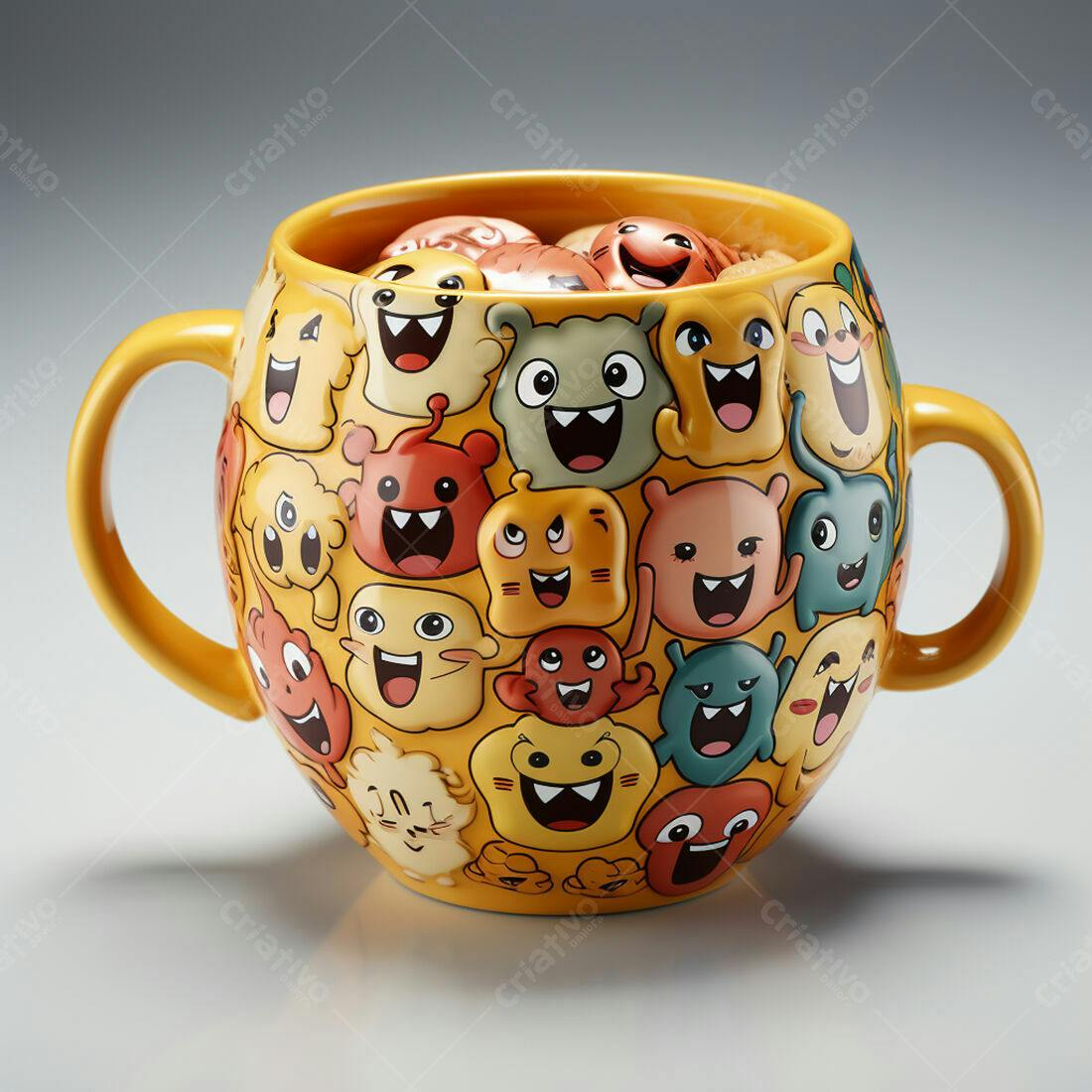 Caneca amarela com desenhos divertidos de monstros