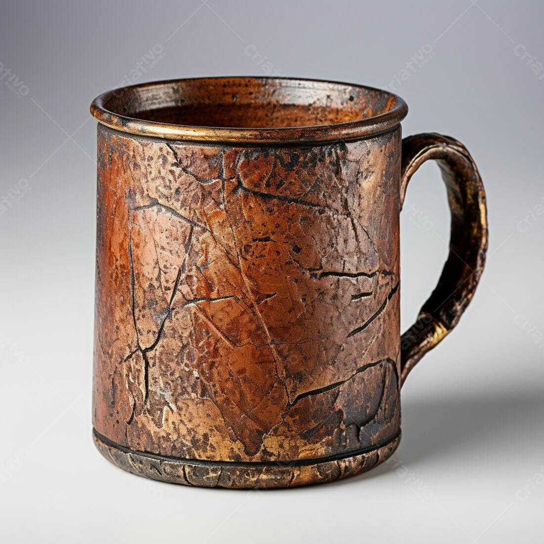 Caneca artesanal marrom com detalhes dourados