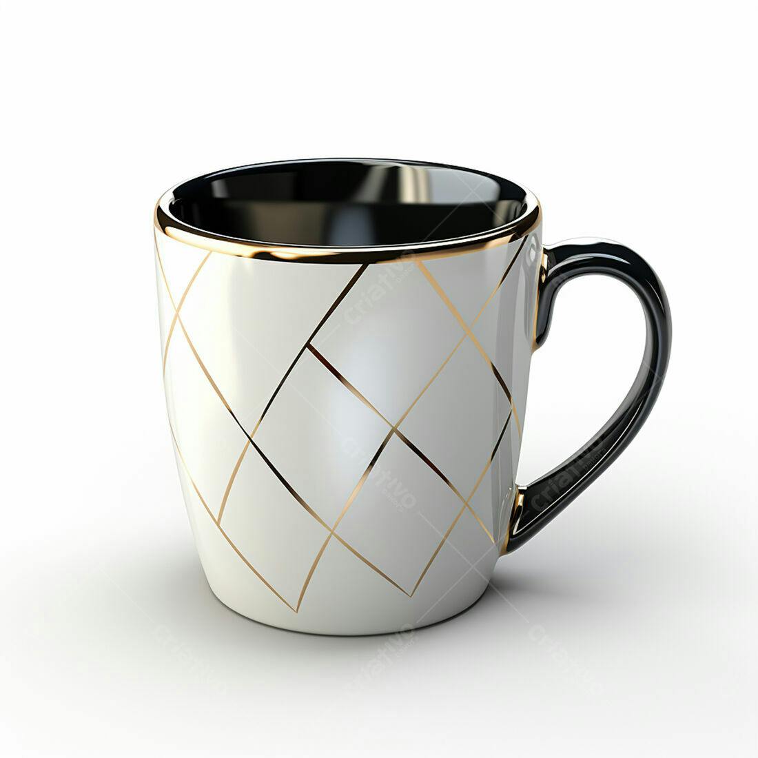 Caneca branca com detalhes dourados e pretos