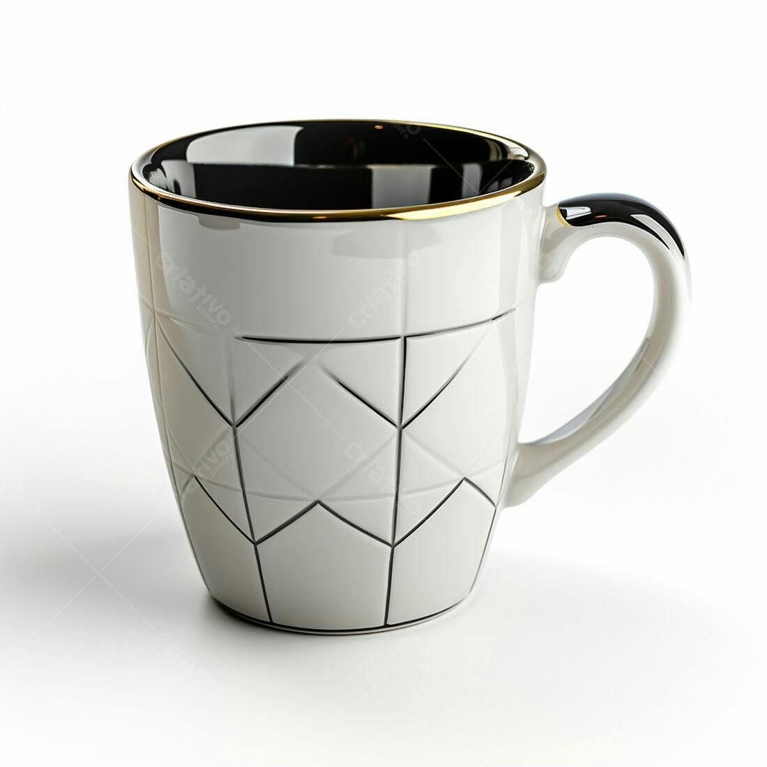 Caneca cerâmica branca com detalhes pretos e dourado
