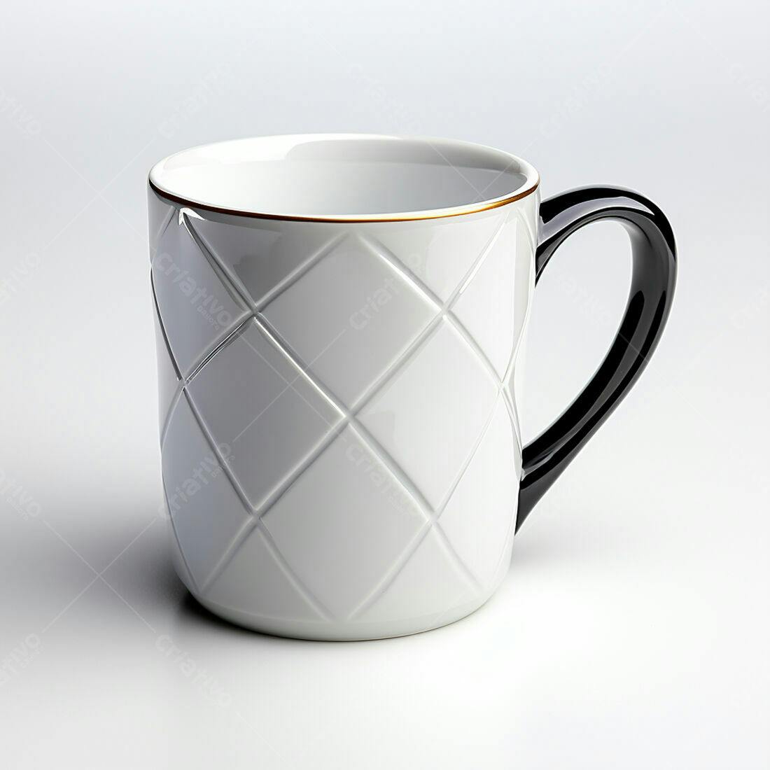 Caneca branca com detalhes em relevo e alça preta