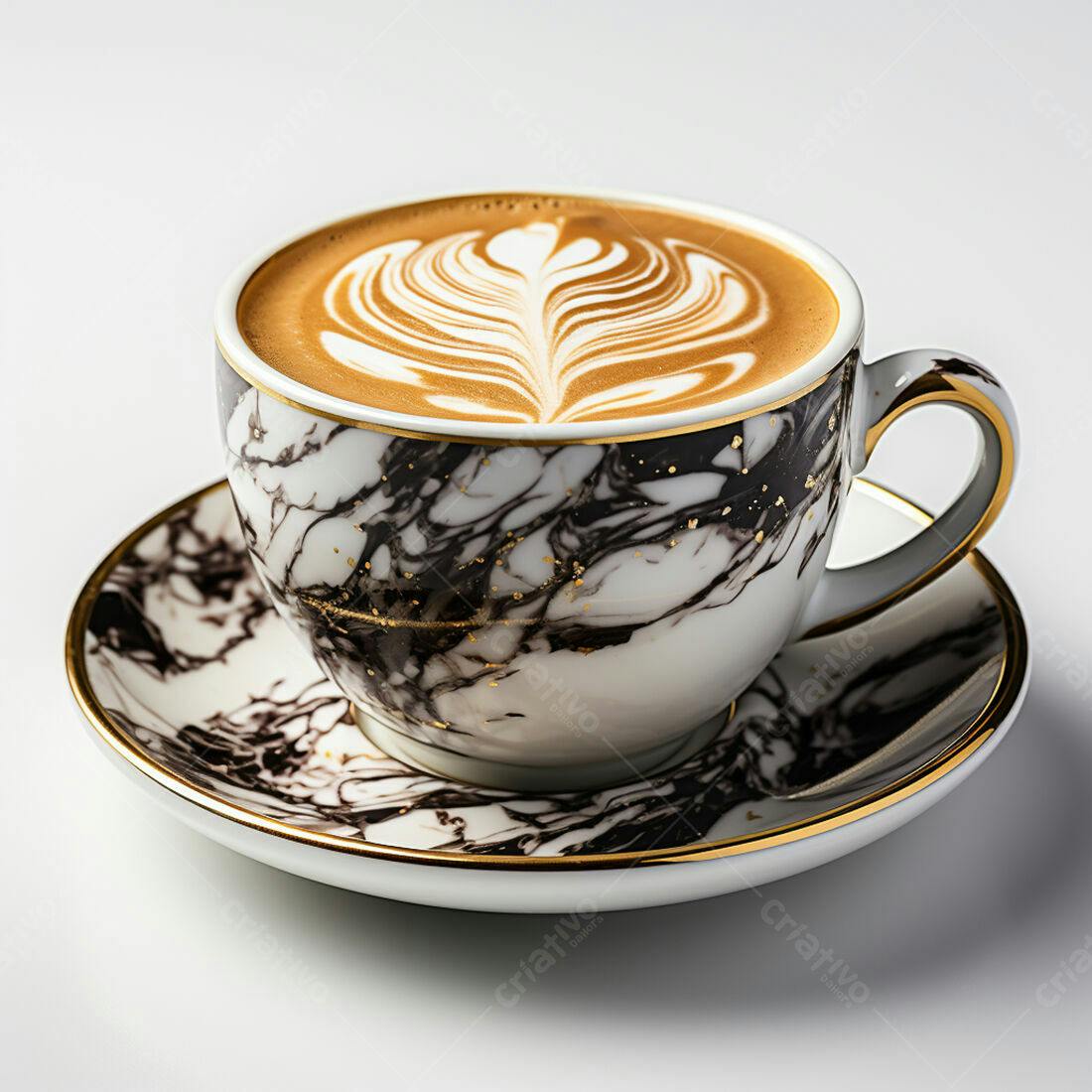 Capuccino em xícara de mármore preto e dourado