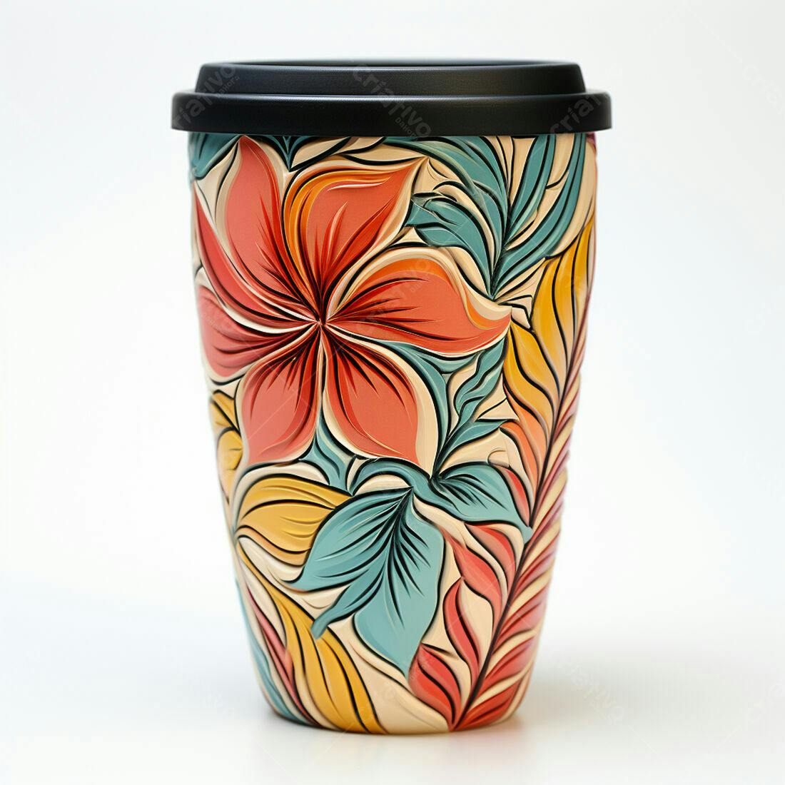 Caneca artesanal com flores tropicais