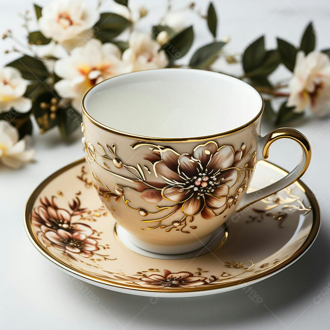Xícara de chá porcelana dourada flores