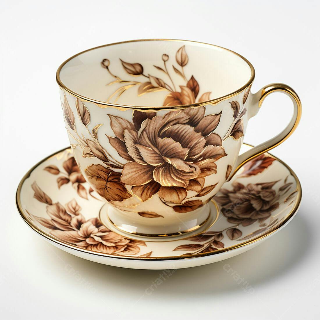 Xícara de chá com desenho floral marrom e dourado