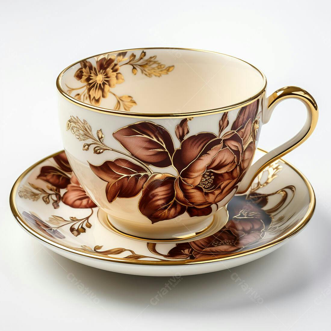 Xícara de chá com estampa floral marrom e dourado