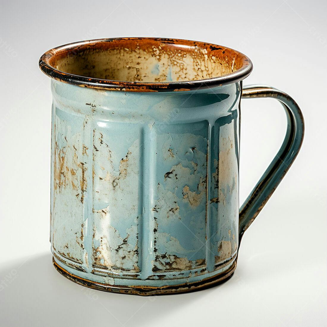 Caneca vintage azul desbotada com detalhes em ferrugem