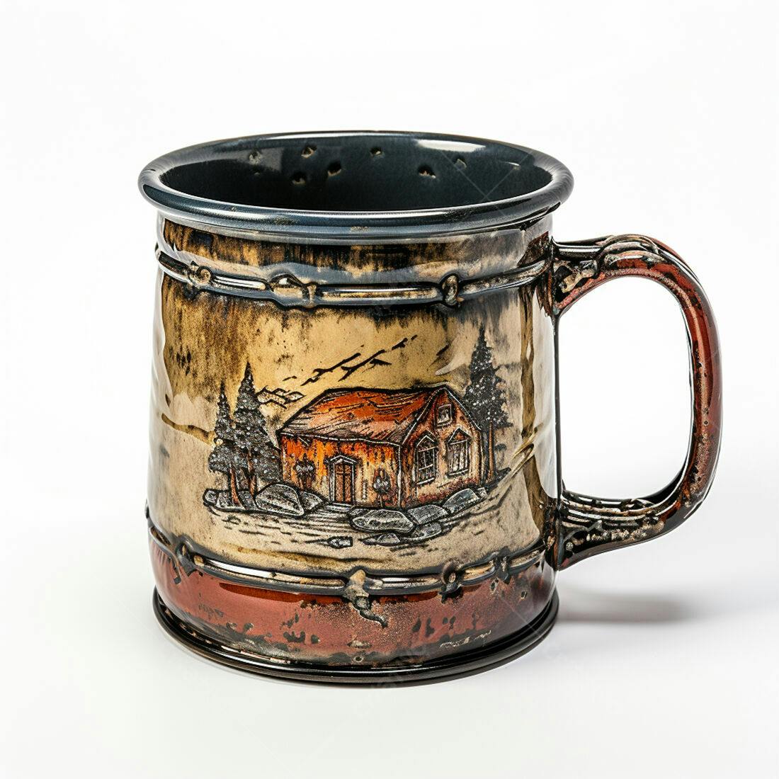 Caneca de cerâmica com desenho de cabana