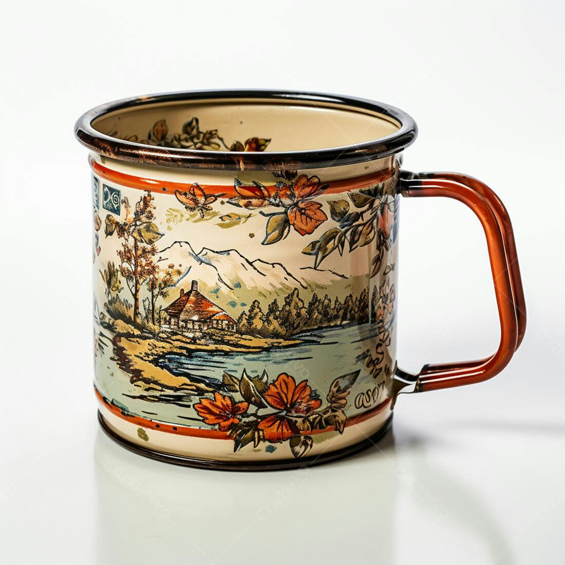 Caneca de metal vintage com paisagem e flores