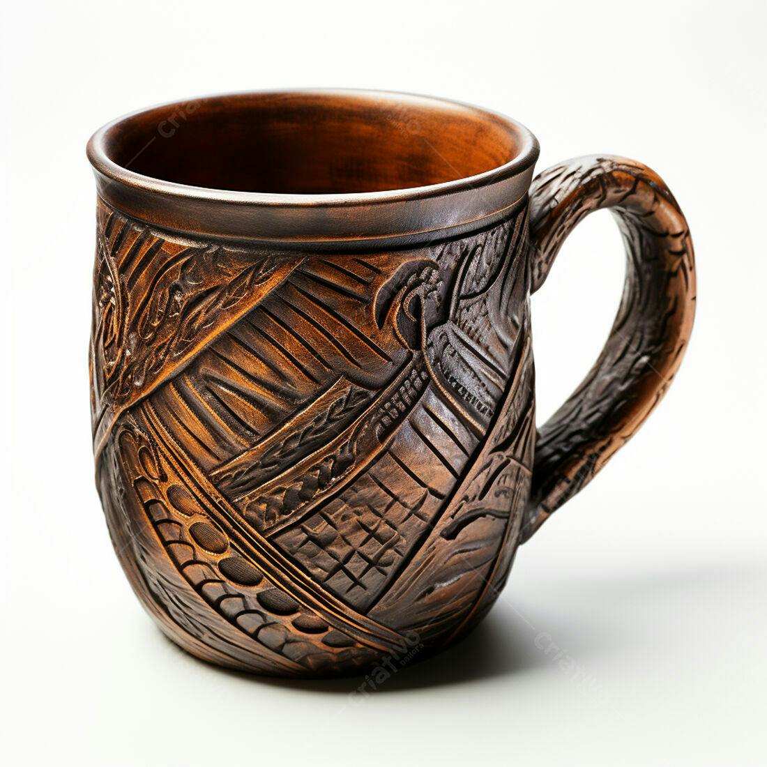 Caneca de cerâmica artesanal com detalhes esculpidos