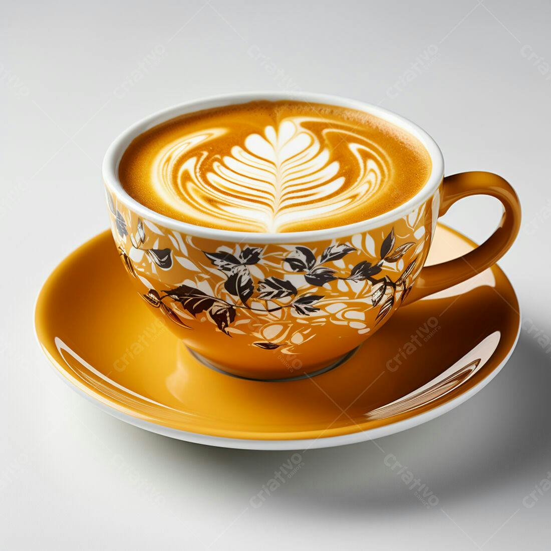 Café Latte em xícara amarela com arte na espuma