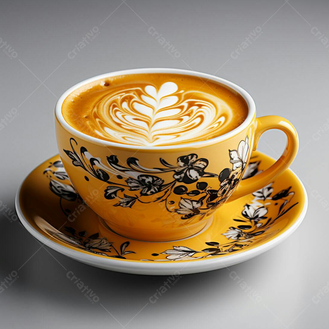 Cappuccino cremoso em xícara amarela floral