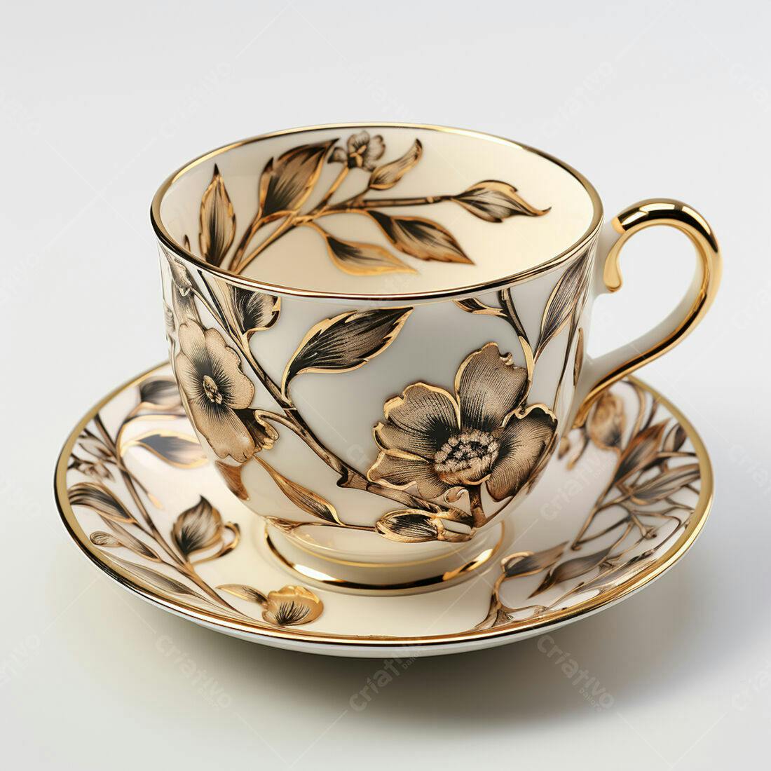 Xícara de chá com design floral dourado