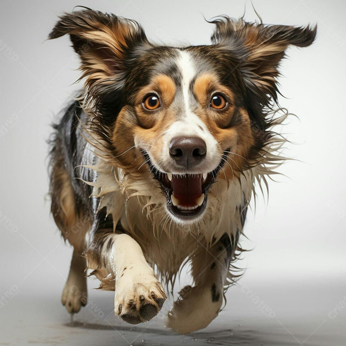 Cachorro molhado correndo feliz