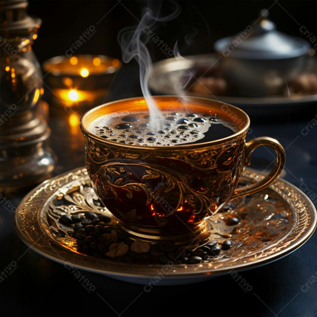 Café fumegante em xícara dourada