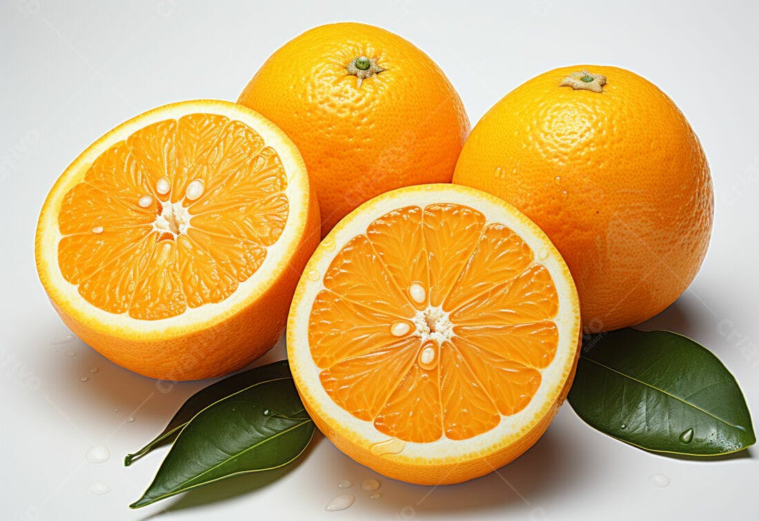 Laranjas frescas fatiadas com folhas verdes