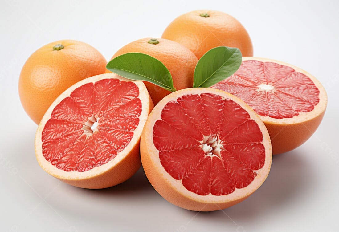 Grapefruit vermelhos fatiados com folhas verdes