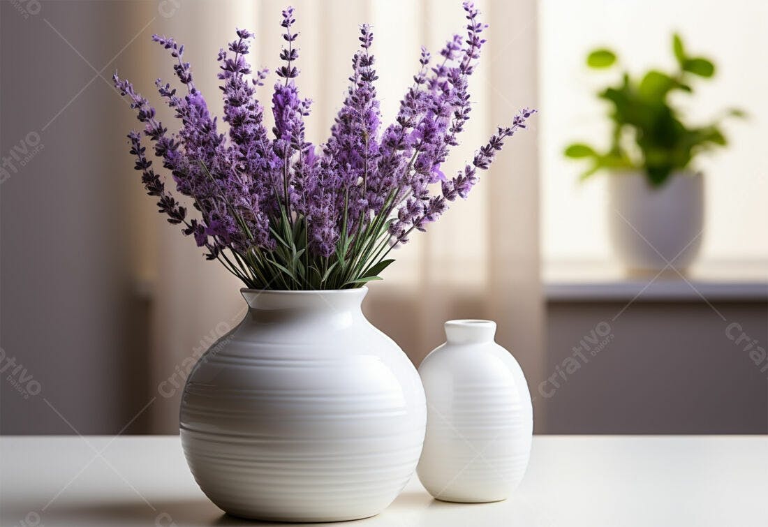 Lavanda roxa em vasos brancos decoração