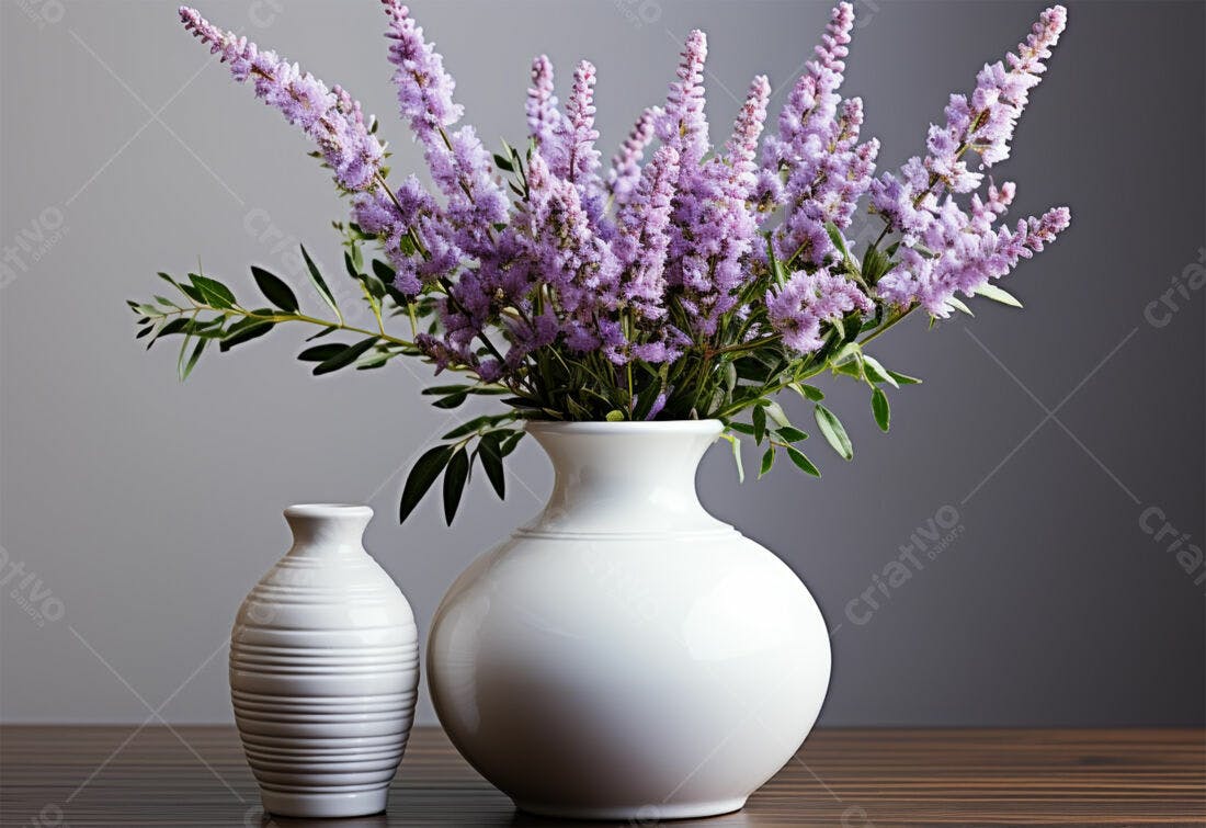 Flores roxas em vaso branco sobre mesa