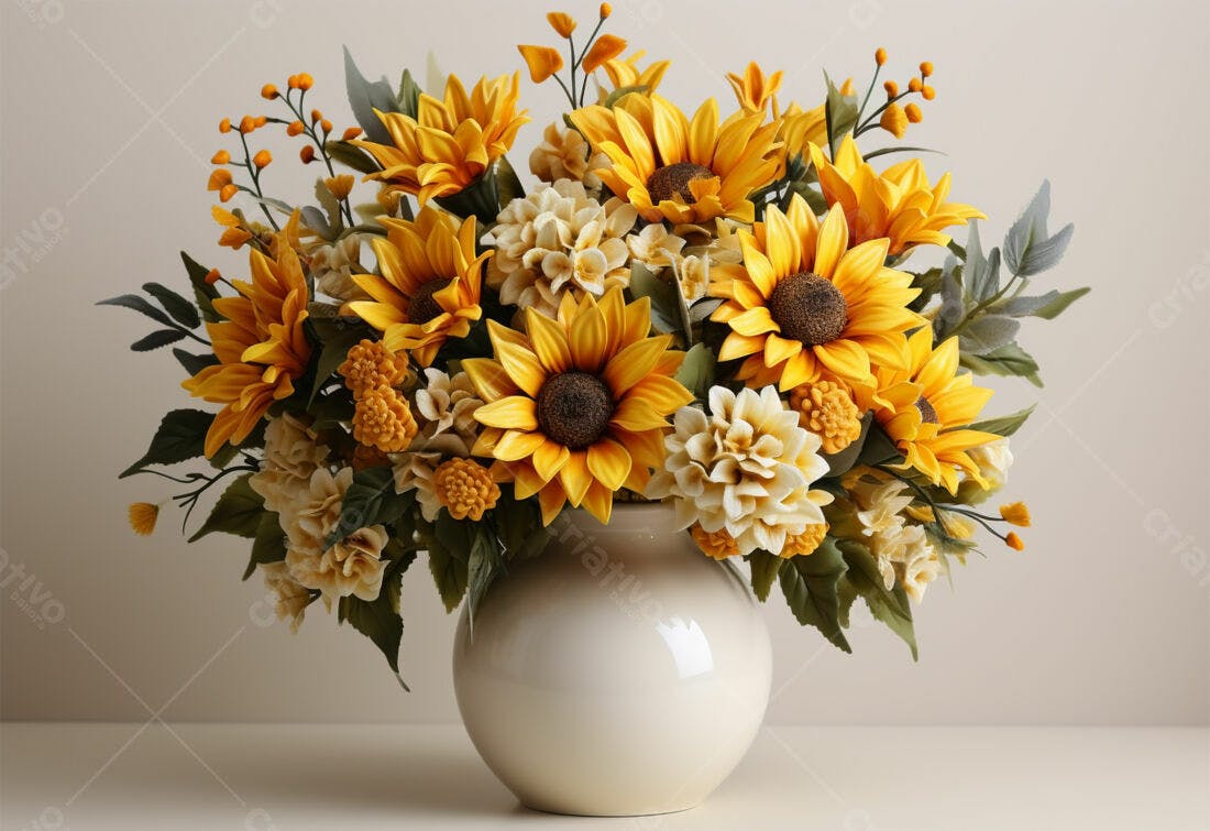 Girassóis e flores amarelas em vaso branco
