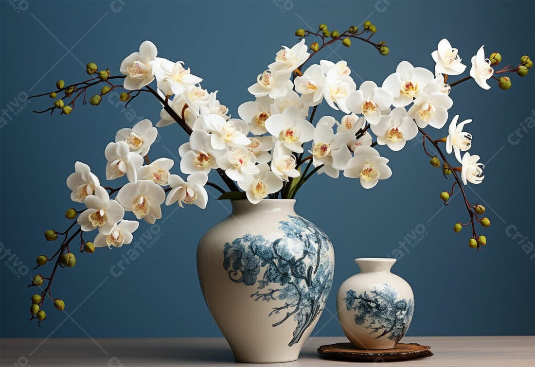 Orquídeas brancas em vaso azul e branco